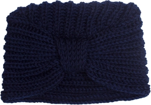 Detailed texture of navy blue ribbed knit headband with a stylish twist knot detail