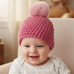 Close-up of pink baby knitted hat featuring a fluffy faux fur pompom and thick texture