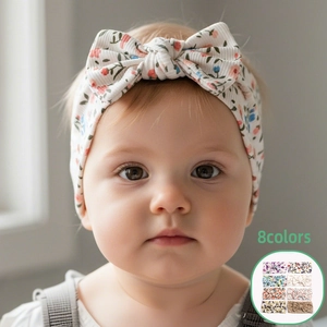 Baby Girls Floral Print Bow Headband Soft Elastic Polyester Ribbed Turban Infant Toddler Hair Band Hair Accessory For Photography Daily Use