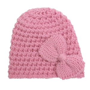Soft light pink knitted beanie for babies and toddlers with a decorative bow detail