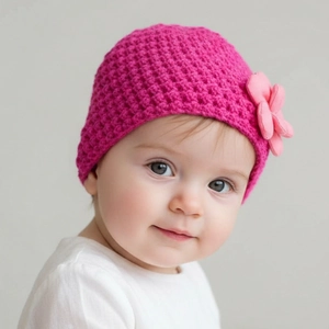 Close-up of rose red hand-knitted baby beanie with a pink 3D flower decoration