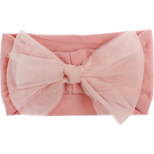 Close-up of light pink infant headband with a large layered mesh bow and soft fabric texture