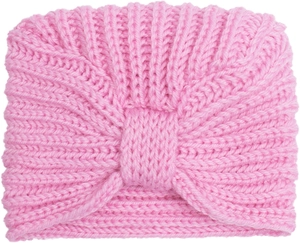 Detailed view of pink knitted baby turban hat with a thick weave and central knot design