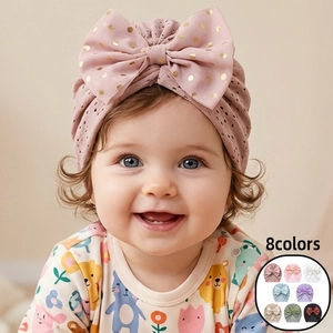 Baby Mädchen Turban-Hut Polyester Goldprägung Punktmuster Große Schleife Weiche Atmungsaktive Beanie Für Neugeborene Kleinkinder