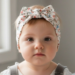 Detailed texture of baby floral headband with a soft ribbed fabric and tied bow