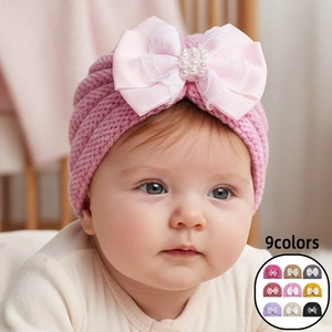 Bonnet Turban Tricoté pour Bébé Avec Grand Nœud en Satin Dentelle Künstliche Perles Doux Chaud pour Nourrissons Filles