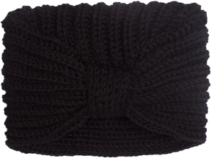 Detail of black ribbed knit baby headband featuring a knotted bow design for winter