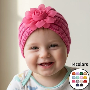 Bonnet Turbant pour Bébé Couleur Unie en Tricot de Polyester Douce Avec Grande Fleur Décorative Chaud pour Nouveau-nés