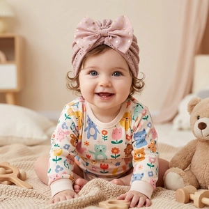 Detail eines Baby-Bodys mit Blumenmuster und goldgepunktetem Stirnband im Kinderzimmer