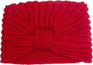 Detail view of bright red chunky knit baby headband with decorative central knot
