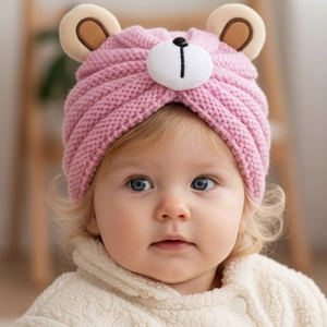 Detail of pink knitted baby hat with cute bear ears and soft texture for autumn winter