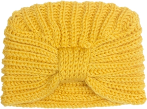 Detailed view of yellow ribbed knit baby turban hat with a centered bow design