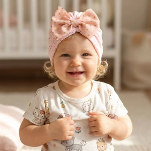 Nahaufnahme des rosa Baby-Turbans mit großer Goldpunkt-Schleife und hohlem Strickmuster