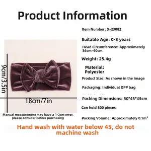 Guide des tailles du bandeau bébé en velours avec dimensions et détails de l'âge