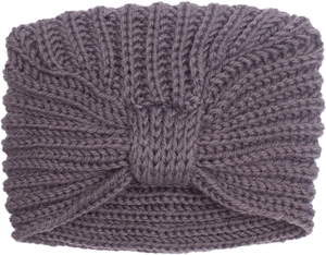 Close-up of mauve ribbed knit headband with knot detail and soft texture on white back