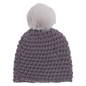 Detailed close-up of thick grey-purple knit stitch texture and soft fluffy pom pom ball
