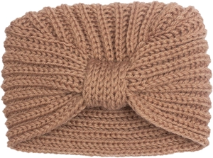 Detailed view of caramel knitted baby headband with a twisted knot design and soft texture