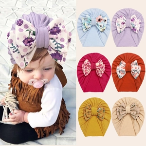 Baby Girl Turban Hat Large Floral Bow Infant Stretchy Headwrap Pleated Beanie Soft Fabric Accessory For Toddler Newborn