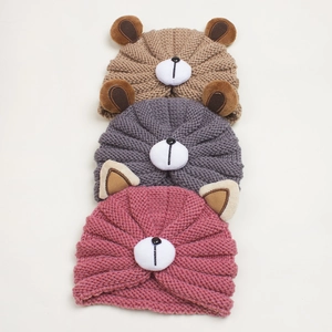 Three-pack of cute baby winter hats with bear ears in khaki grey and pink colors