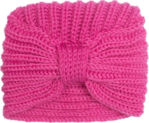Detail of rose red cable knit baby turban hat with creative knot design and soft texture