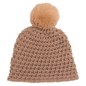 Close-up of thick knit pattern and faux fur pompom on brown baby winter beanie