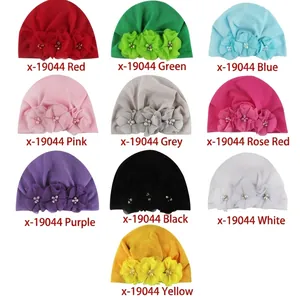Soft cotton baby turban hats with chiffon flowers and pearls in 10 assorted colors