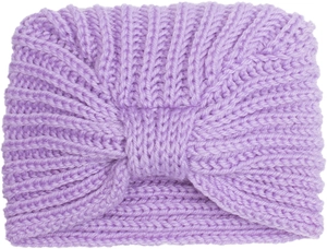 Detailed close-up of lavender purple knitted baby headband featuring a soft knotted design