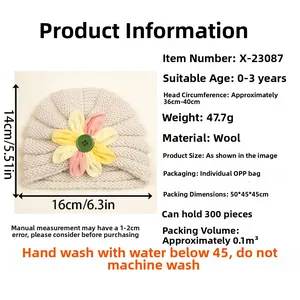 Detailed size chart for beige knit baby beanie with floral button and soft yarn texture