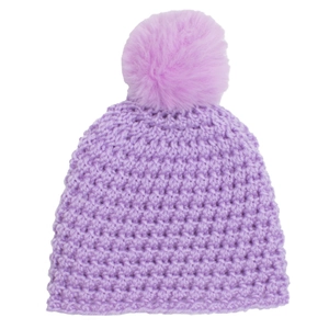 Macro detail of purple knit baby beanie featuring a soft faux fur pom-pom texture