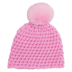Close-up of pink knit baby beanie featuring a soft faux fur pom-pom and thick texture