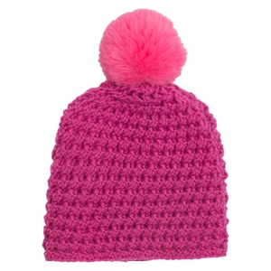 Detail of rose red crochet baby hat featuring textured diamond knit and fluffy pompom