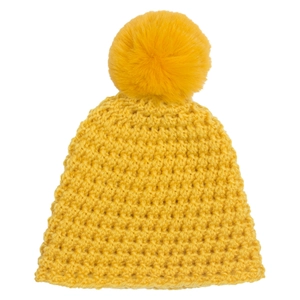 Close-up of vibrant yellow knitted baby hat featuring thick textured patterns and a fluffy pompom