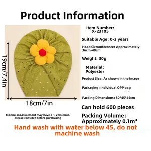 Detailed size chart for baby girl turban hat with 3D flower and 18x19cm dimensions