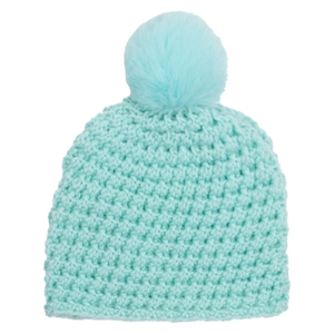 Close-up of mint green chunky knit baby beanie with a large faux fur pom-pom detail