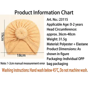 Infant ribbed knit donut hat in apricot yellow with 18x19cm size dimensions guide