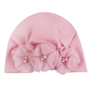 Pink baby turban hat with chiffon flowers, faux pearls and rhinestones for infants
