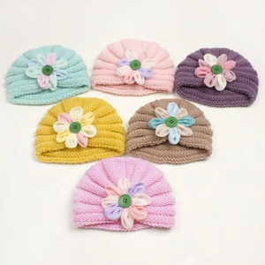 Cozy winter baby knit turban hats with buttons and floral accents in six assorted colors