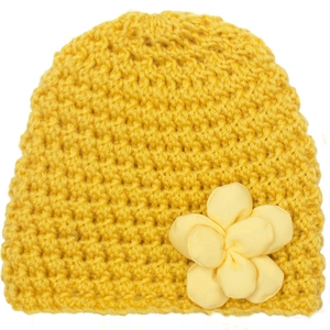 Winter handmade yellow knit beanie for infants with a 3D floral accent on white background