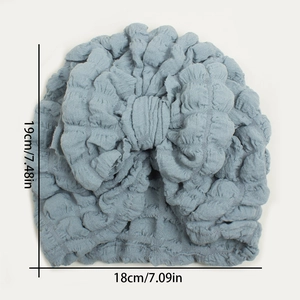 Detailed size chart of light blue bubble fabric baby turban hat with large bow decoration