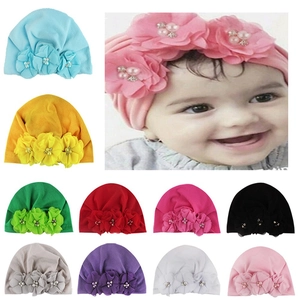Baby Turban Beanie Hat Soft Knit Cotton Chiffon Flower Artificial Pearl Rhinestone Decorative Elastic Headwrap Infants Girls