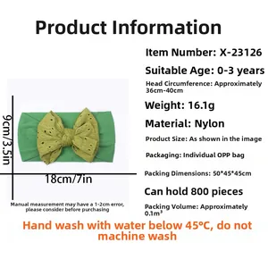 Specifiche dettagliate sulle dimensioni per la fascia da neonato verde con fiocco in nylon