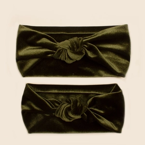 Detail of soft olive green velvet knotted headbands in a parent-child matching set