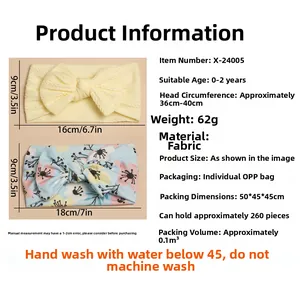 Detailed size chart for 0-2 years baby headbands with floral bow and ribbed fabric