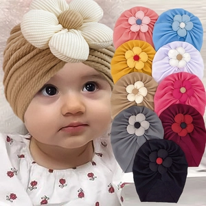 Baby Turban Hat With Large Flower Soft Polyester Ribbed Knit Beanie Newborn Infant Headwrap Toddler Hair Accessories