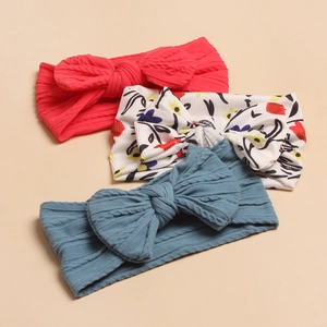 3pcs baby bow headband set including solid red, gray blue, and floral knit designs