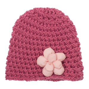 Gorro de punto rosa oscuro para bebé con flor 3D rosa claro y textura de ganchillo