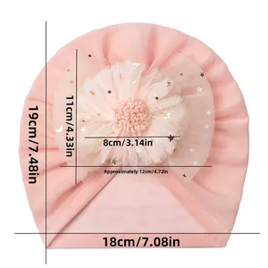 Detailed size chart for pink baby turban hat with large mesh star-print flower deco