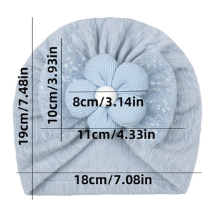 Detailed size specifications for the light blue baby turban beanie with large floral decor