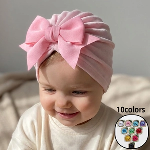 Bonnet Turban Doux en Polyester pour Bébé Avec Grand Nœud Plissé Bonnet Indien Mignon Accessoires de Photographie pour Nouveau-Nés Filles