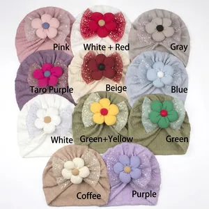 Spring baby knot hats with mesh bow and floral accent in various colors set